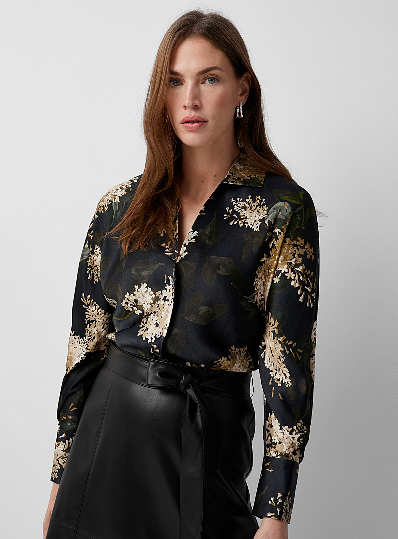 Vince Patterned Black Lilac bouquet silk shirt for women