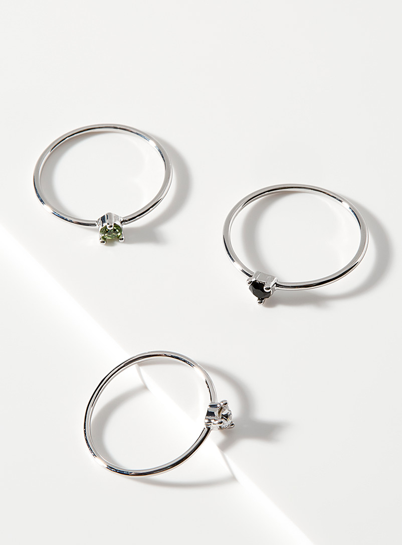 Simons Silver Mini-crystal rings Set of 3 for women