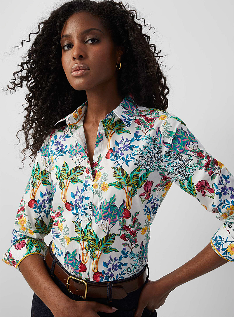 Contemporaine Patterned white Silky blooming shirt Made with Liberty Fabric for women
