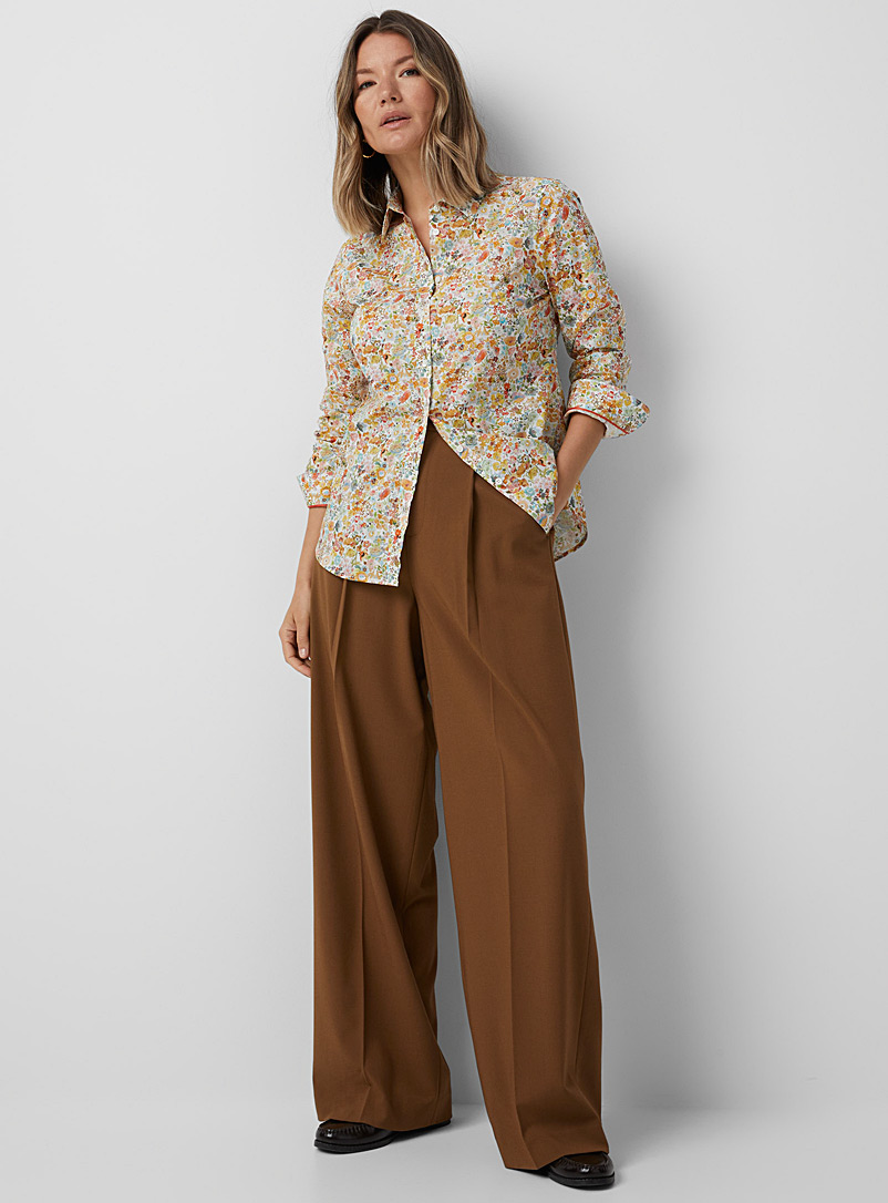 Contemporaine Patterned Brown Blooming silky shirt Made with Liberty Fabric for women