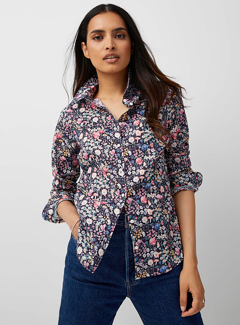 Contemporaine Slate Blue Blooming silky shirt Made with Liberty Fabric for women
