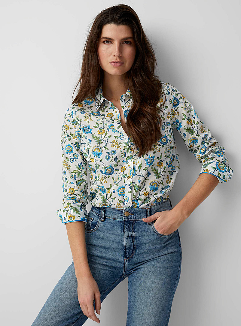 Contemporaine Teal Blooming silky shirt Made with Liberty Fabric for women