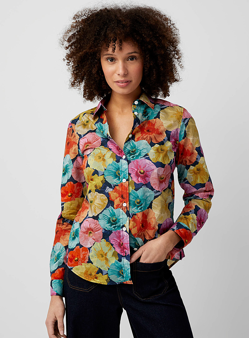 Contemporaine: La chemise soyeuse en fleurs Faite avec un tissu Liberty Orange pour femme