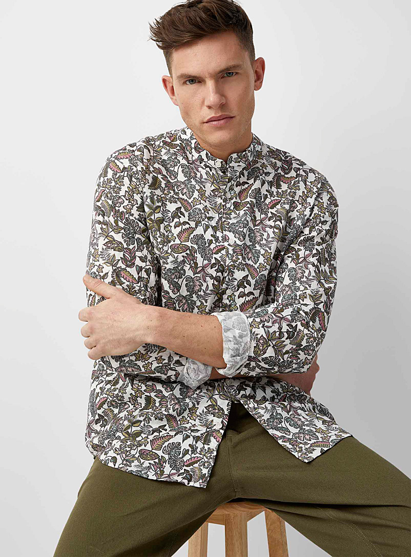 Le 31 Patterned Ecru Officer collar floral shirt Made with Liberty Fabric Modern fit for men