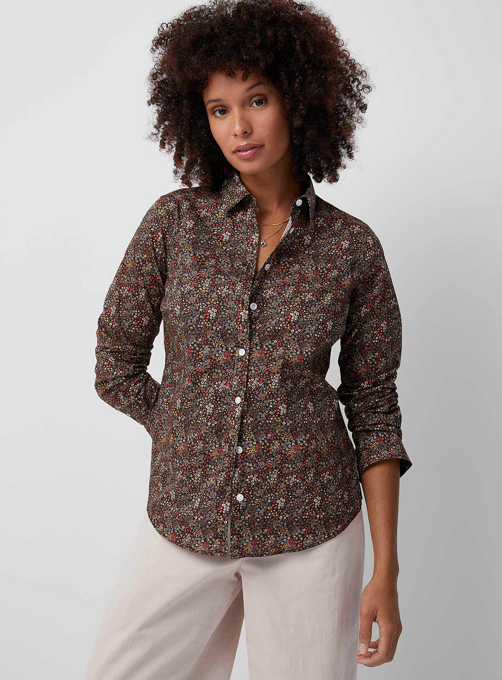 Contemporaine Silky Blooming Shirt Made With Liberty Fabric In Mossy Green