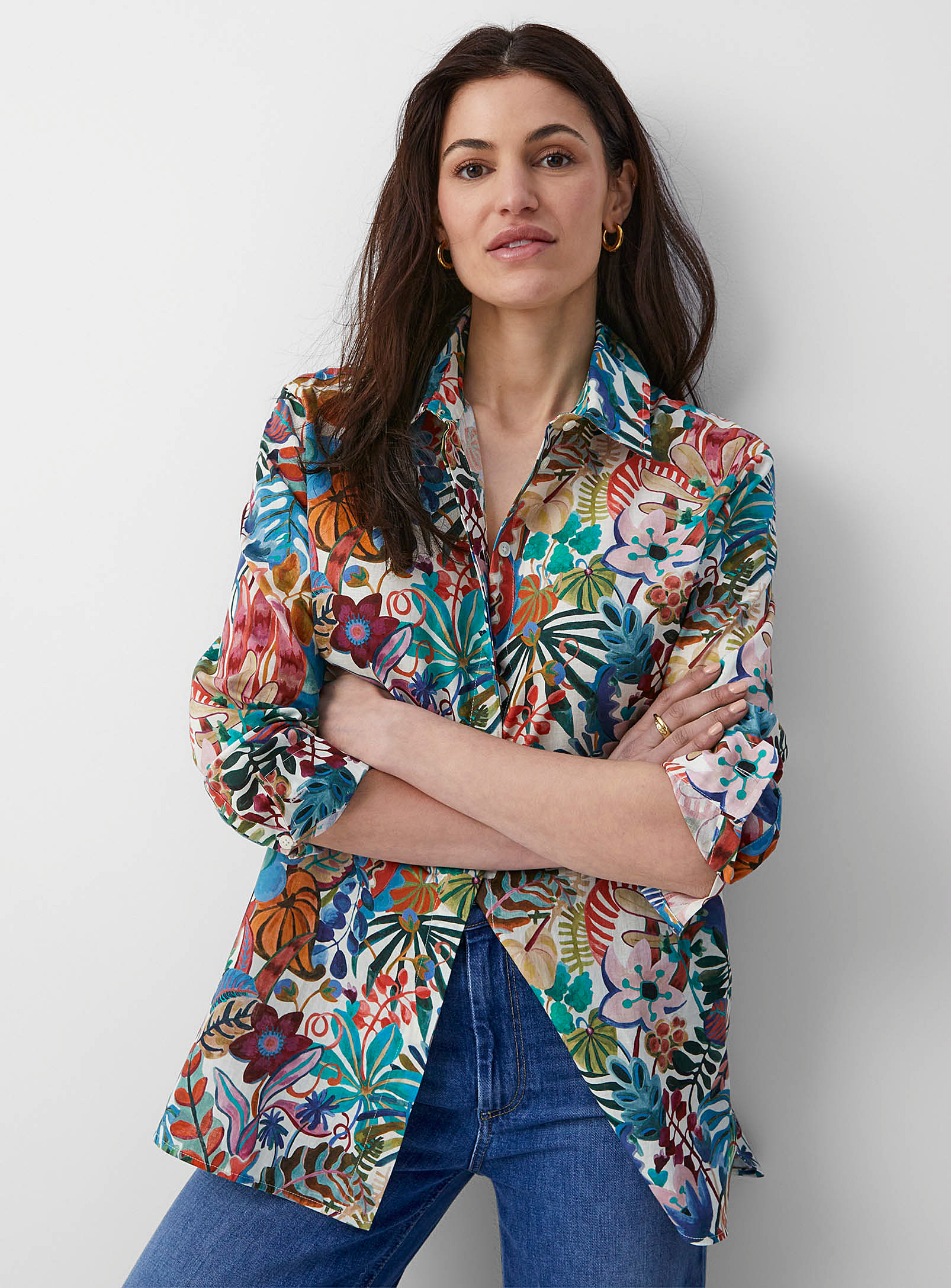 Contemporaine Lush Garden Cotton-linen Tunic Made With Liberty Fabric In Patterned White