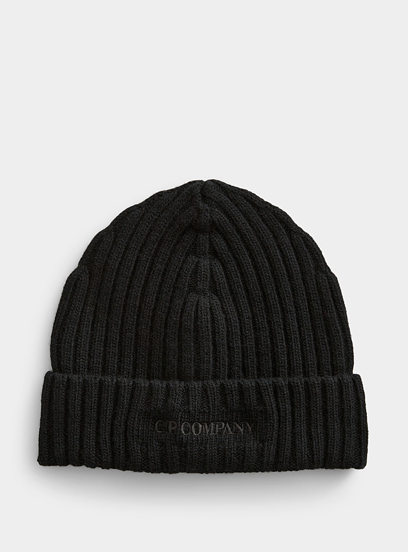 C.P. Company Black Embroidered signature ribbed tuque for men
