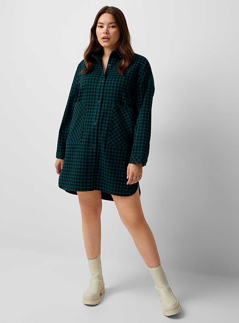 Twik: La robe chemise à carreaux mégapoches Vert à motifs pour femme