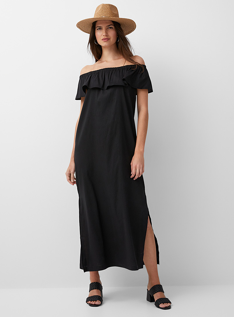 Contemporaine Black Ruffle-shoulder linen maxi dress for women