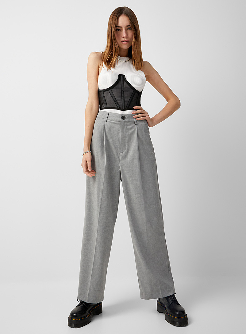 Twik Grey Herringbone-pattern cuffed wide-leg pant for women
