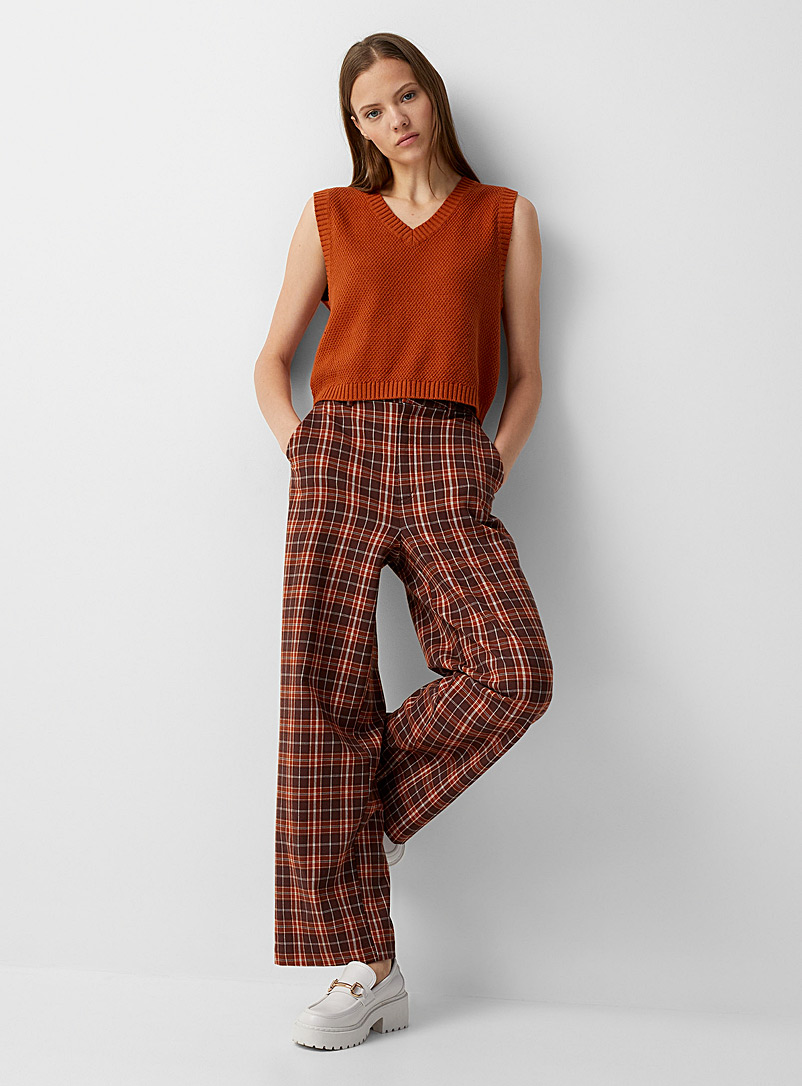 Twik Patterned Brown Checked straight-leg pant for women