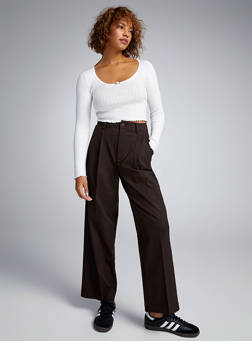 Twik Dark Brown Pleated waistband wide-leg dress pant for women