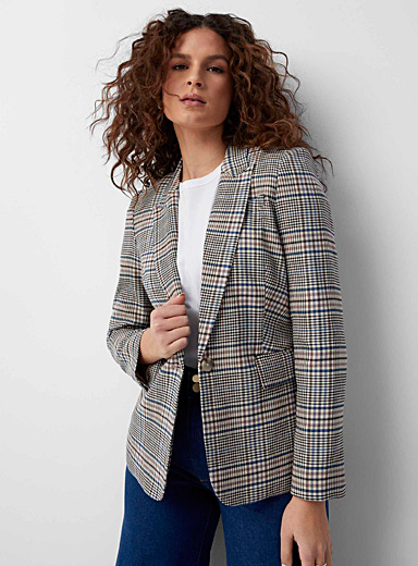 Contemporaine Patterned Blue Checkered single-button blazer for women