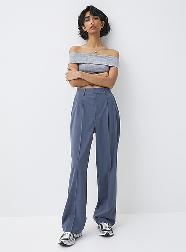 Pantalon Habillé Droit En Coton Bleu Taille Haute Pause Café – Taille 46 (ou 44), Occasion Très Bon état