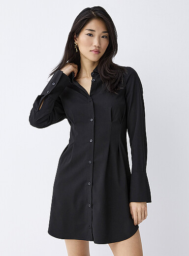 Twik Black Flared cuffs pleated waist shirtdress for women