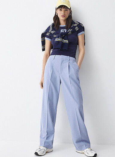Twik Baby Blue Solid straight dress pant for women