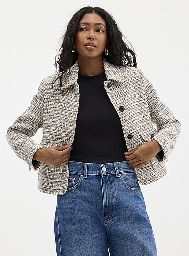 Contemporaine: Le veston col chemise tweed vanille &Eacute;cru &agrave; motifs pour femme