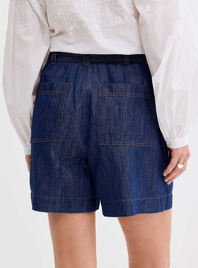 Contemporaine: Le short denim l&eacute;ger ceintur&eacute; <b>Coupe : jambe large, taille tr&egrave;s haute</b> Bleu marine - Bleu nuit pour femme