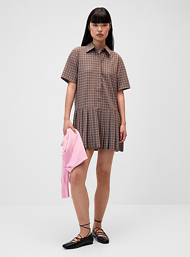 Twik: La robe col chemise jupe pliss&eacute;e &Eacute;cru &agrave; motifs pour femme