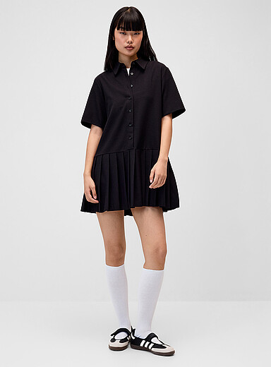 Twik: La robe col chemise jupe pliss&eacute;e Bleu fonc&eacute; - Indigo pour femme