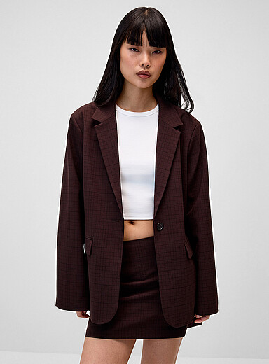 Twik Patterned Brown Oversized shoulder-pad jacket for women