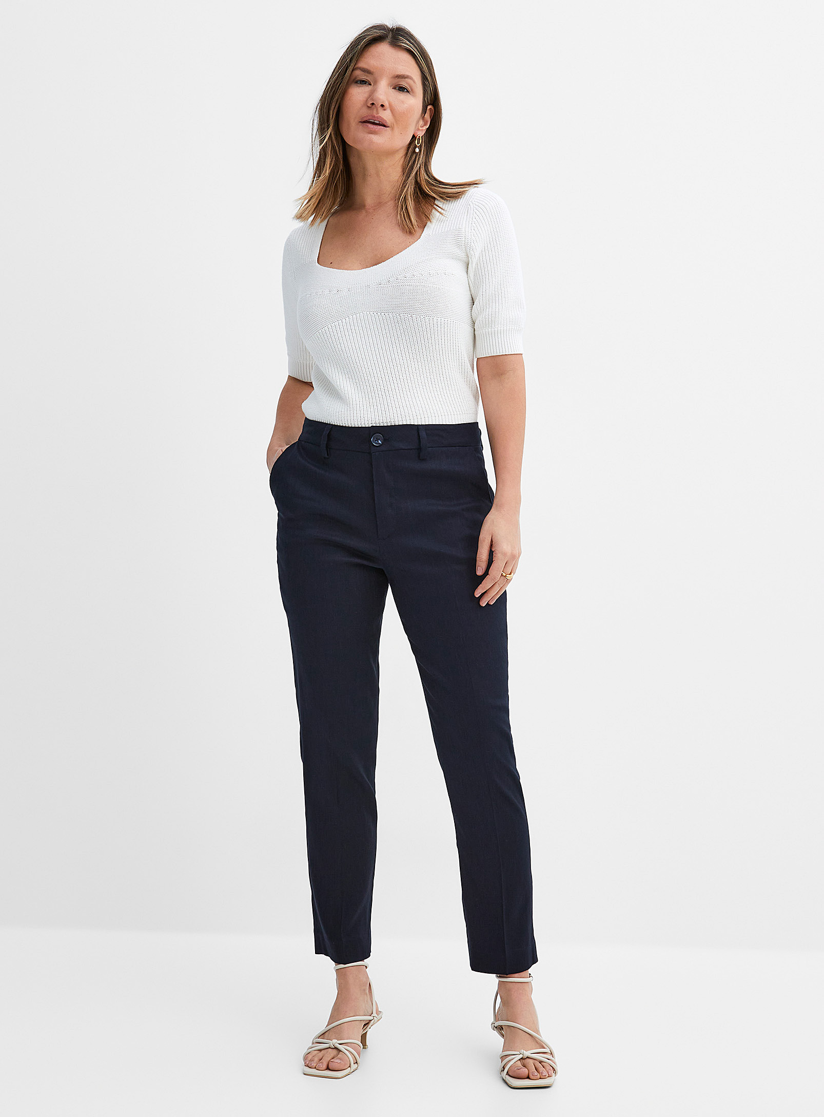 Contemporaine Stretch Linen Ankle Pant In Navy/midnight Blue