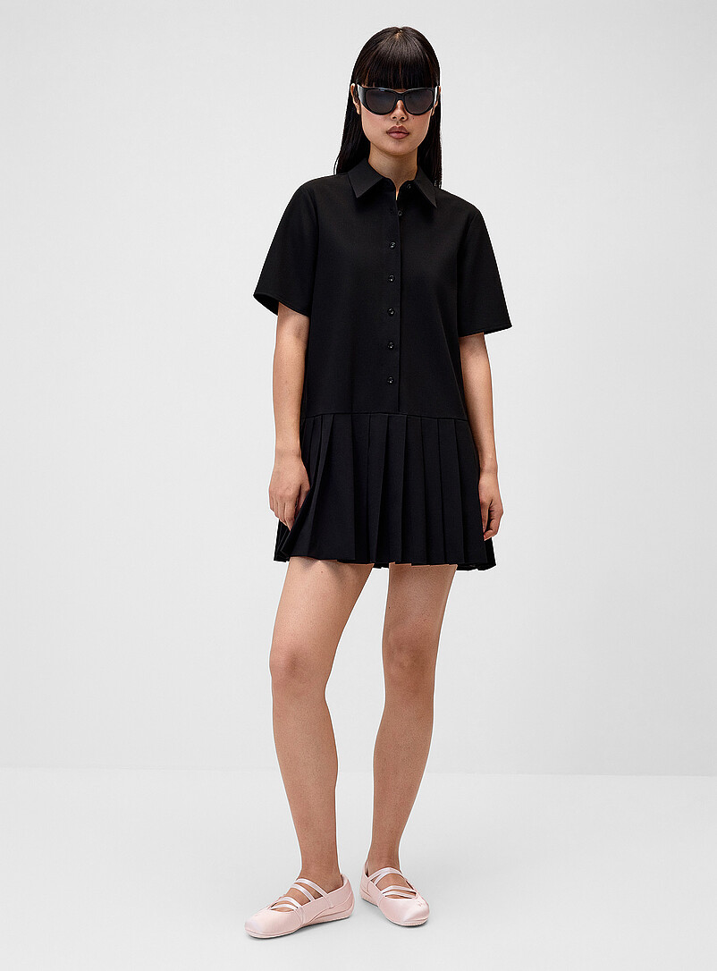 Pleated-Skirt Shirt-Collar Dress
