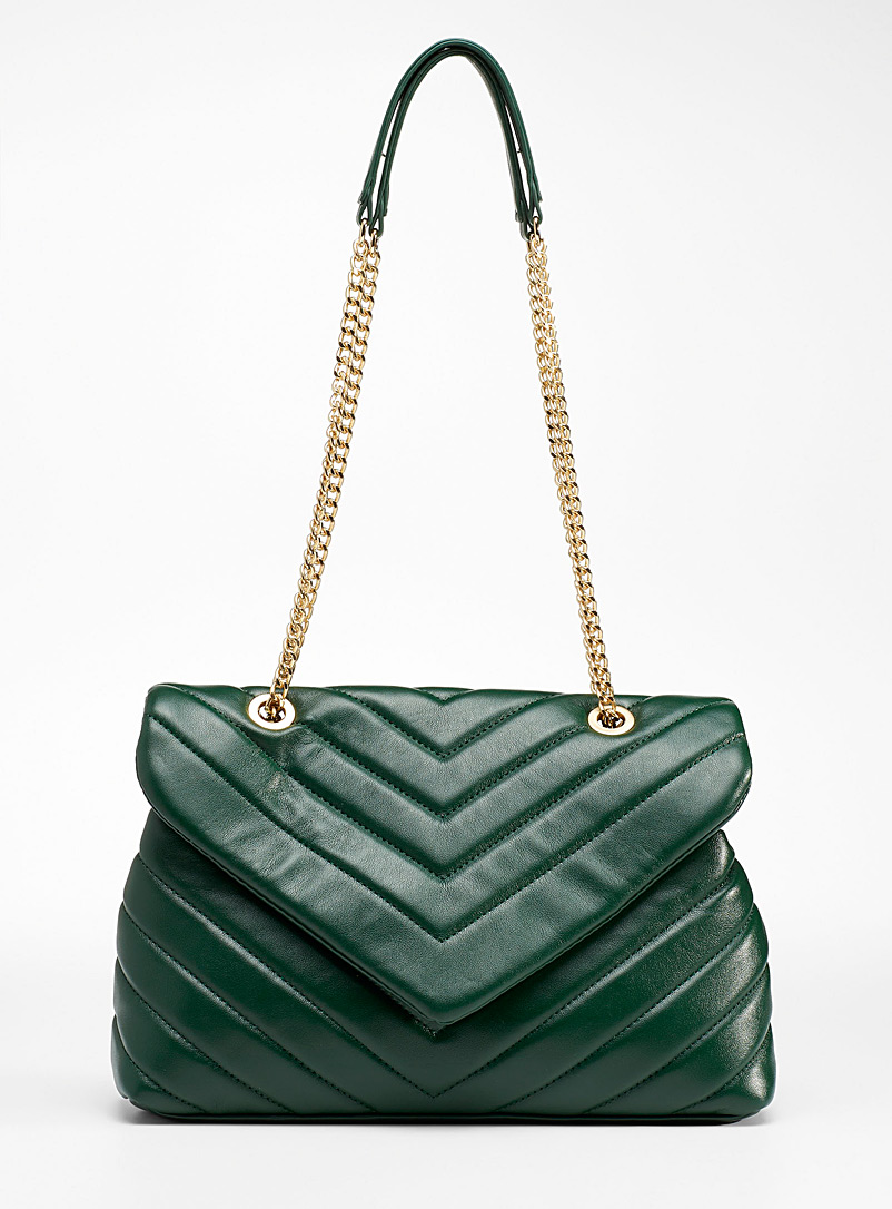Simons Mossy Green Chain quilted flap bag for women
