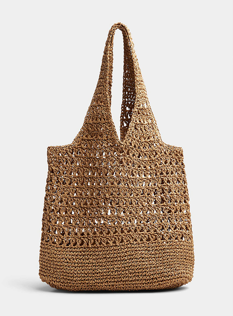 Simons Ivory/Cream Beige Solid braided straw tote for women