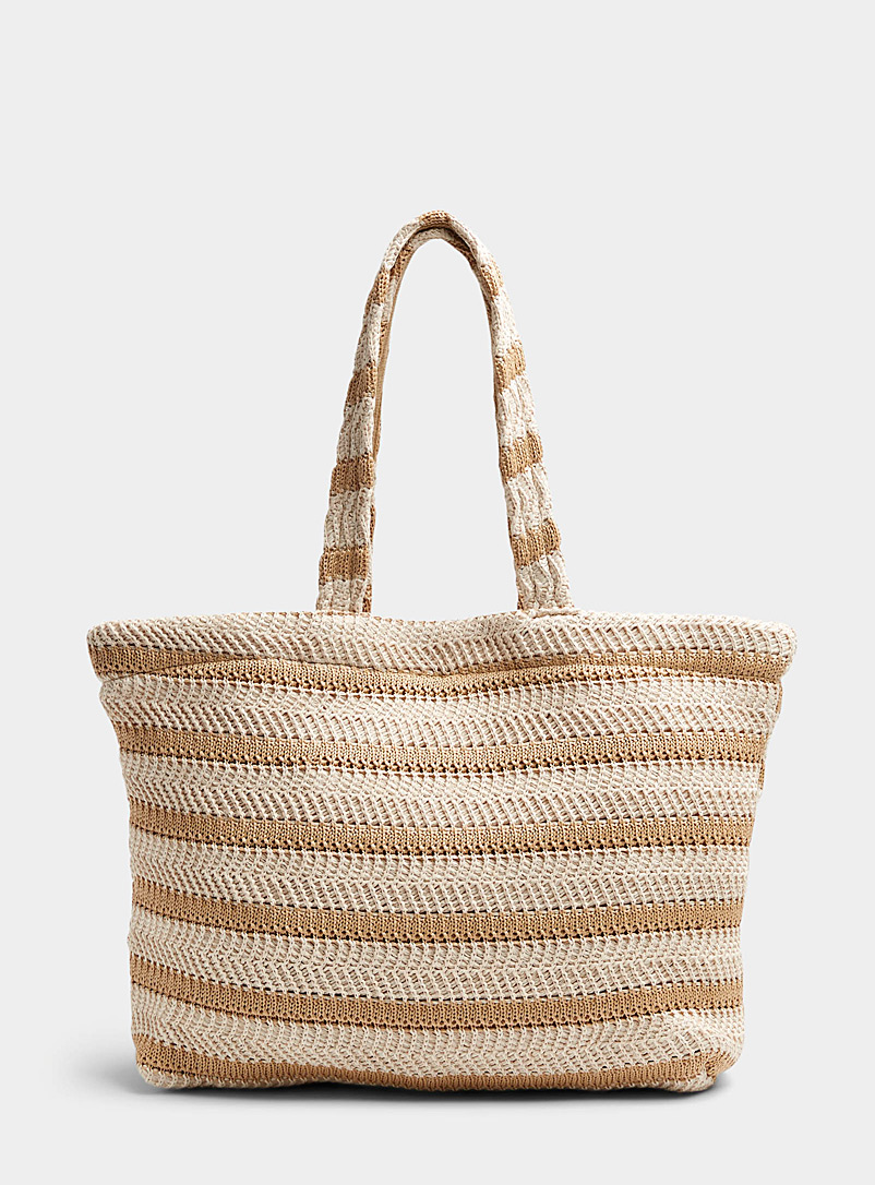 Simons Patterned White Two-tone stripe braided tote for women