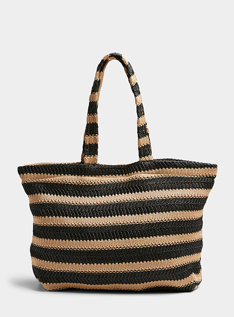 Simons Patterned Black Two-tone stripe braided tote for women
