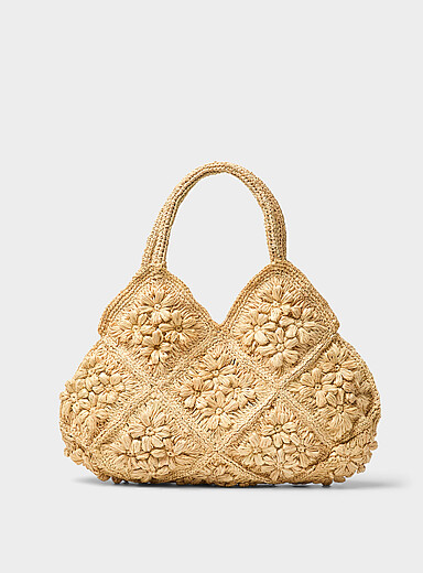 Le fourre-tout raphia tress&eacute; fleurs 3D