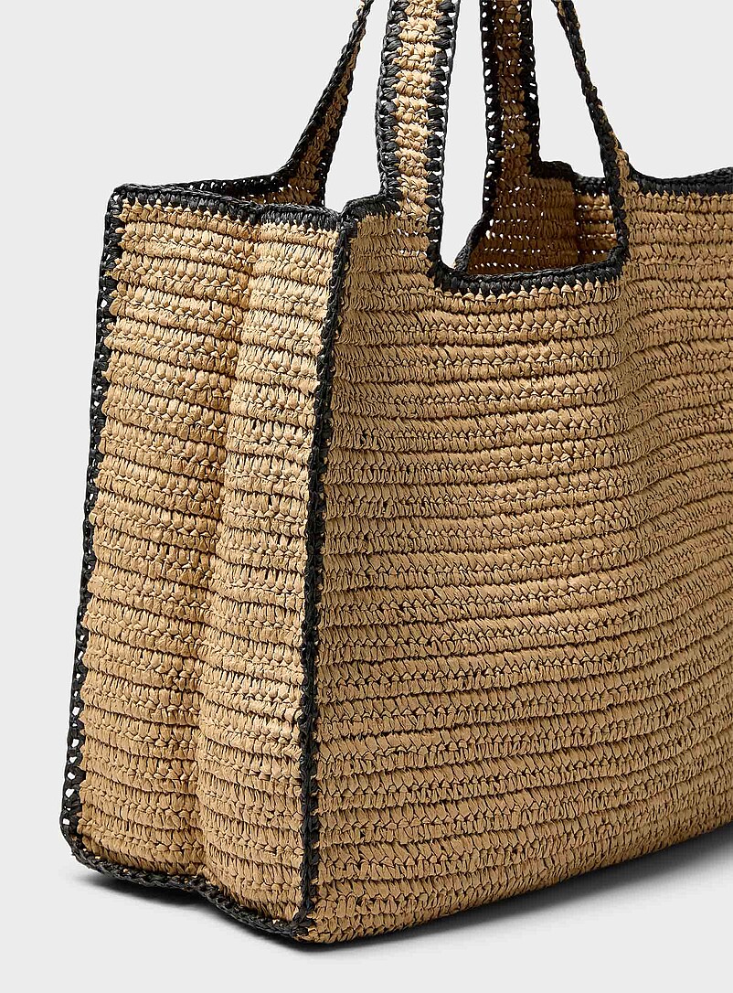 Simons Light Brown Contrast trim braided straw XL tote bag for women