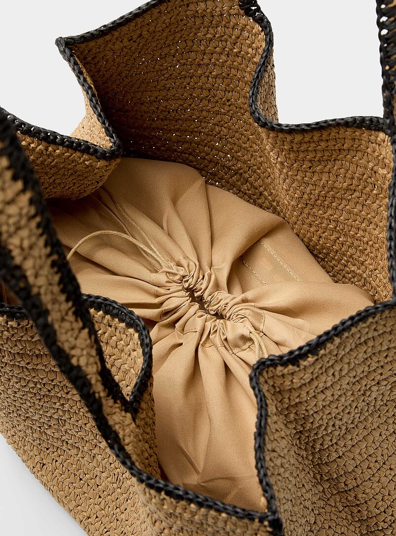 Simons Light Brown Contrast trim braided straw XL tote bag for women