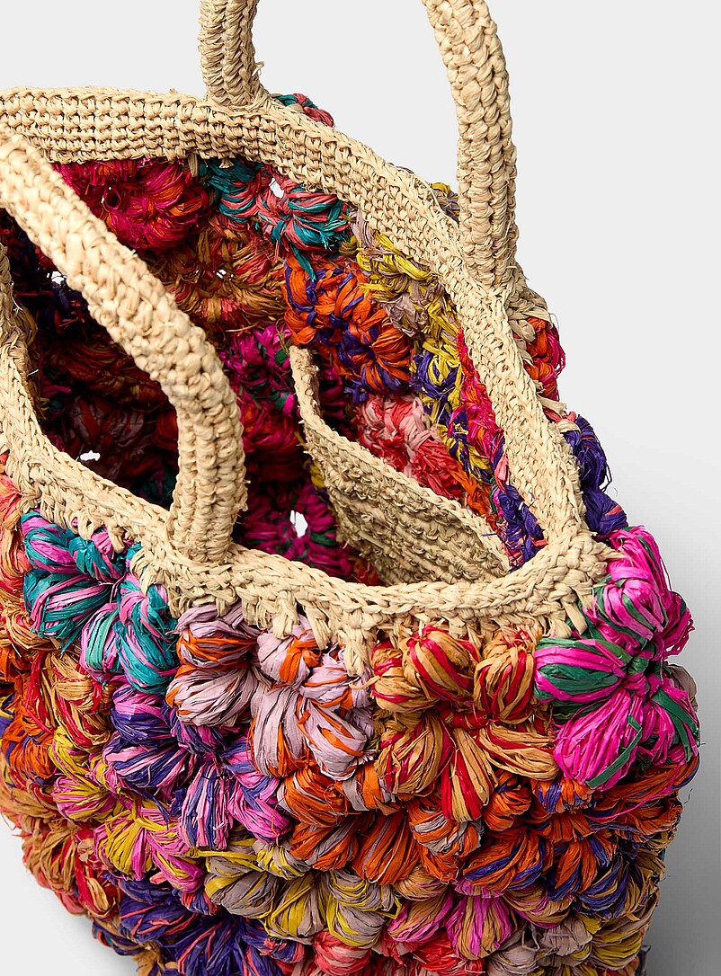 Simons: Le fourre-tout paille fleurs en relief Brun assorti pour femme