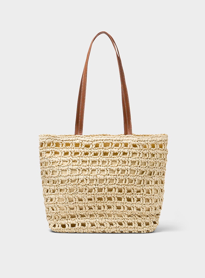 Simons Light Brown Crocheted straw tote bag for women