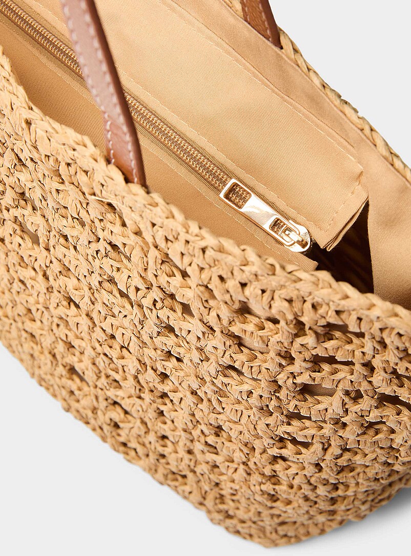 Simons Light Brown Crocheted straw tote bag for women
