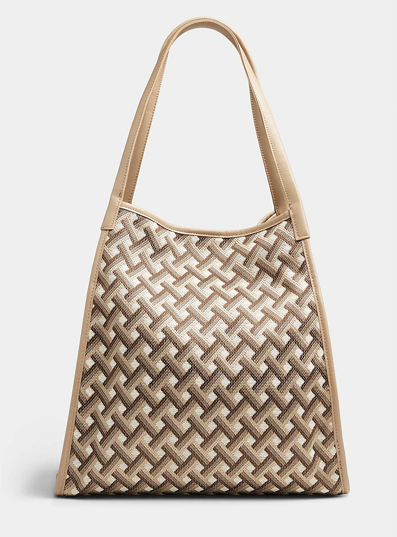 Simons Patterned Brown Large woven geometric tote for women