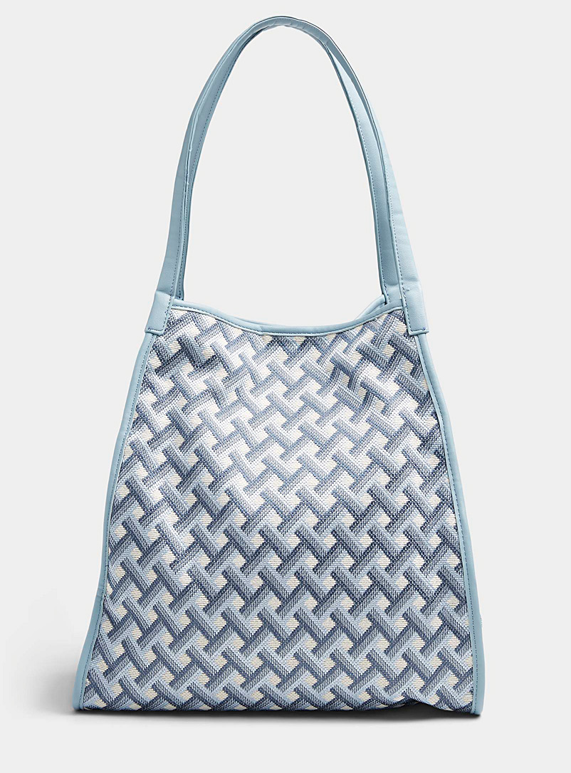 Simons Patterned Blue Large woven geometric tote for women