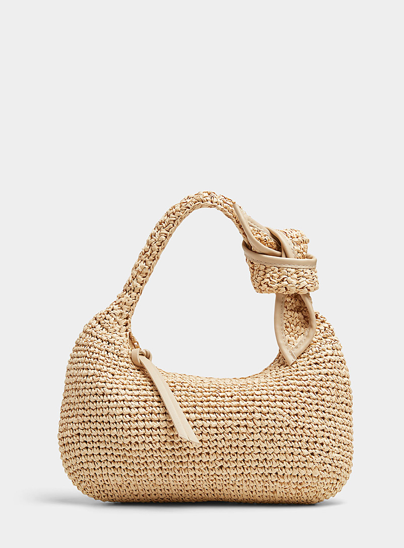 Simons Ivory/Cream Beige Knot braided straw baguette bag for women
