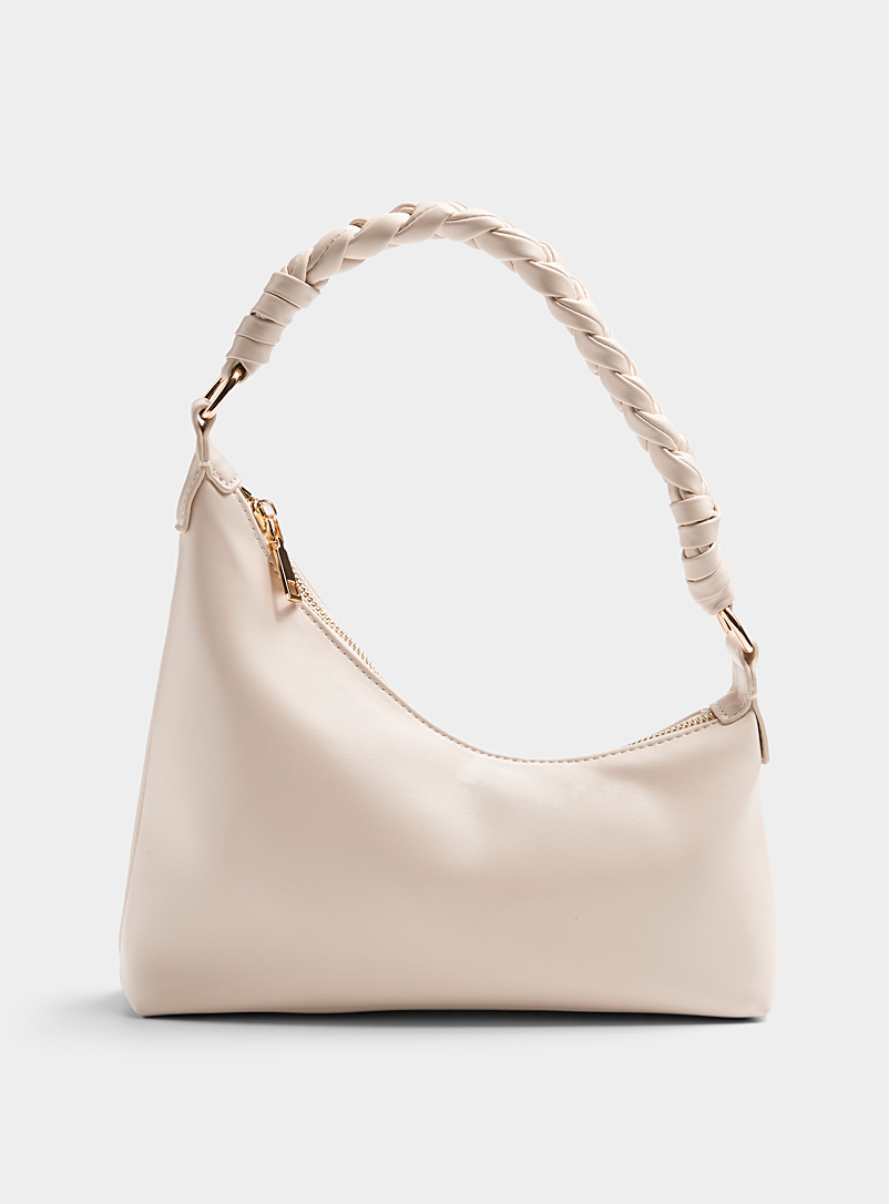 Simons Ivory/Cream Beige Braided handle asymmetric baguette bag for women