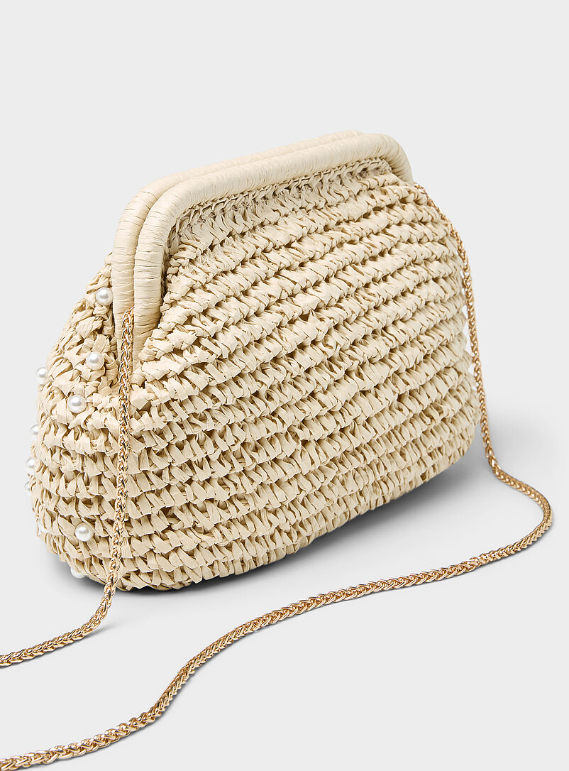 Simons: Le sac de soir&eacute;e paille tress&eacute;e petites perles Blanc cass&eacute; pour femme