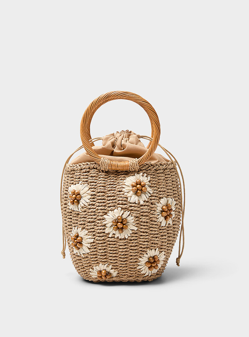 Simons: Le sac seau paille fleurs anses circulaires Brun &agrave; motifs pour femme