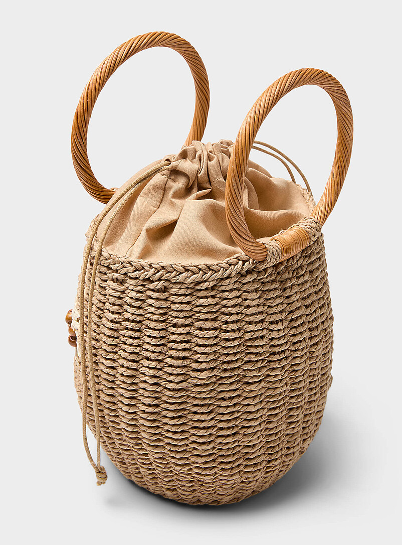Simons Patterned Brown Circular-handle floral straw bucket bag for women