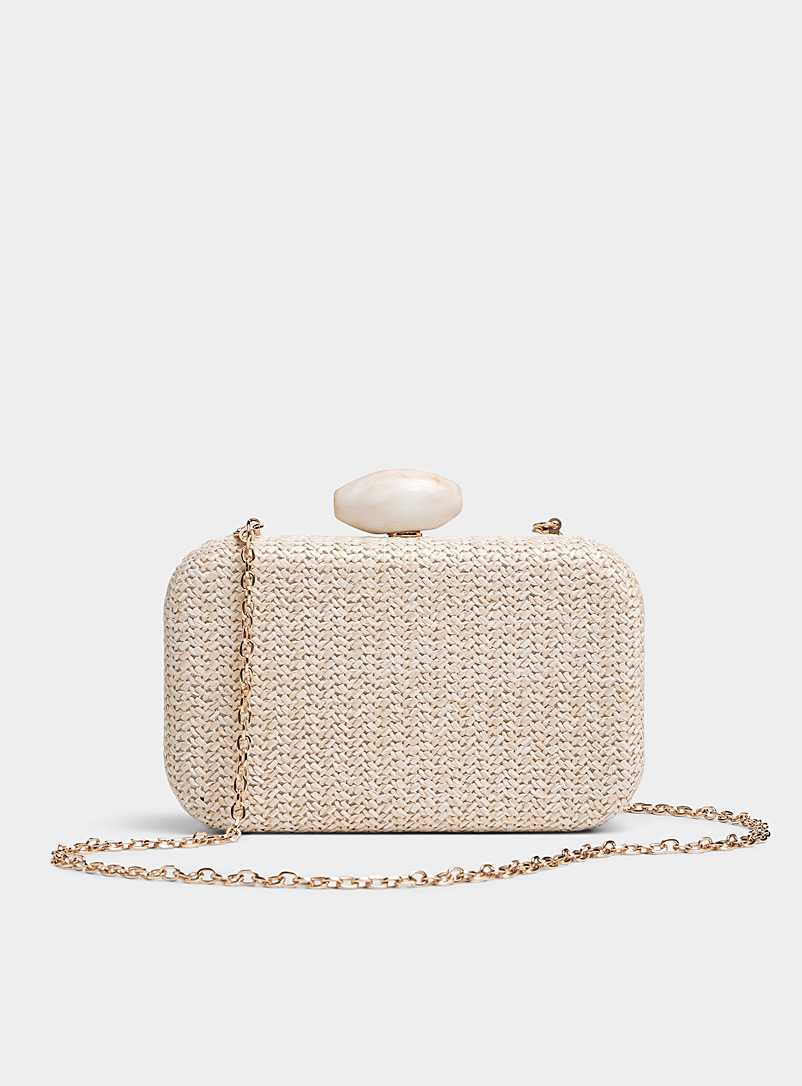 Simons Ivory/Cream Beige Marbled accent straw minaudière for women