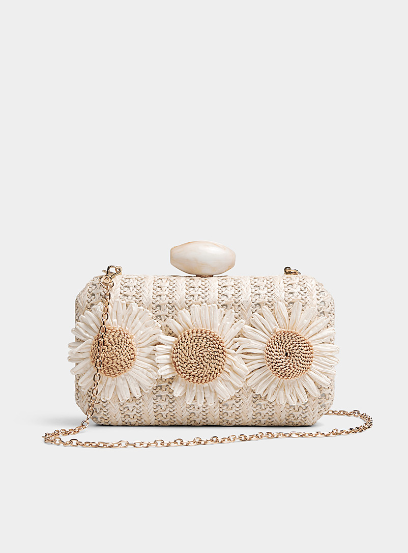 Simons Patterned White Astrid floral straw minaudière for women