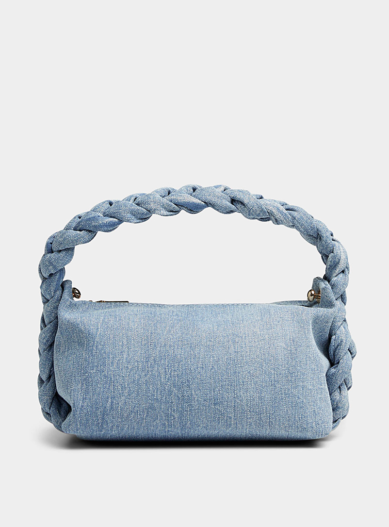 Simons Baby Blue Skylar braided-handle denim baguette bag for women