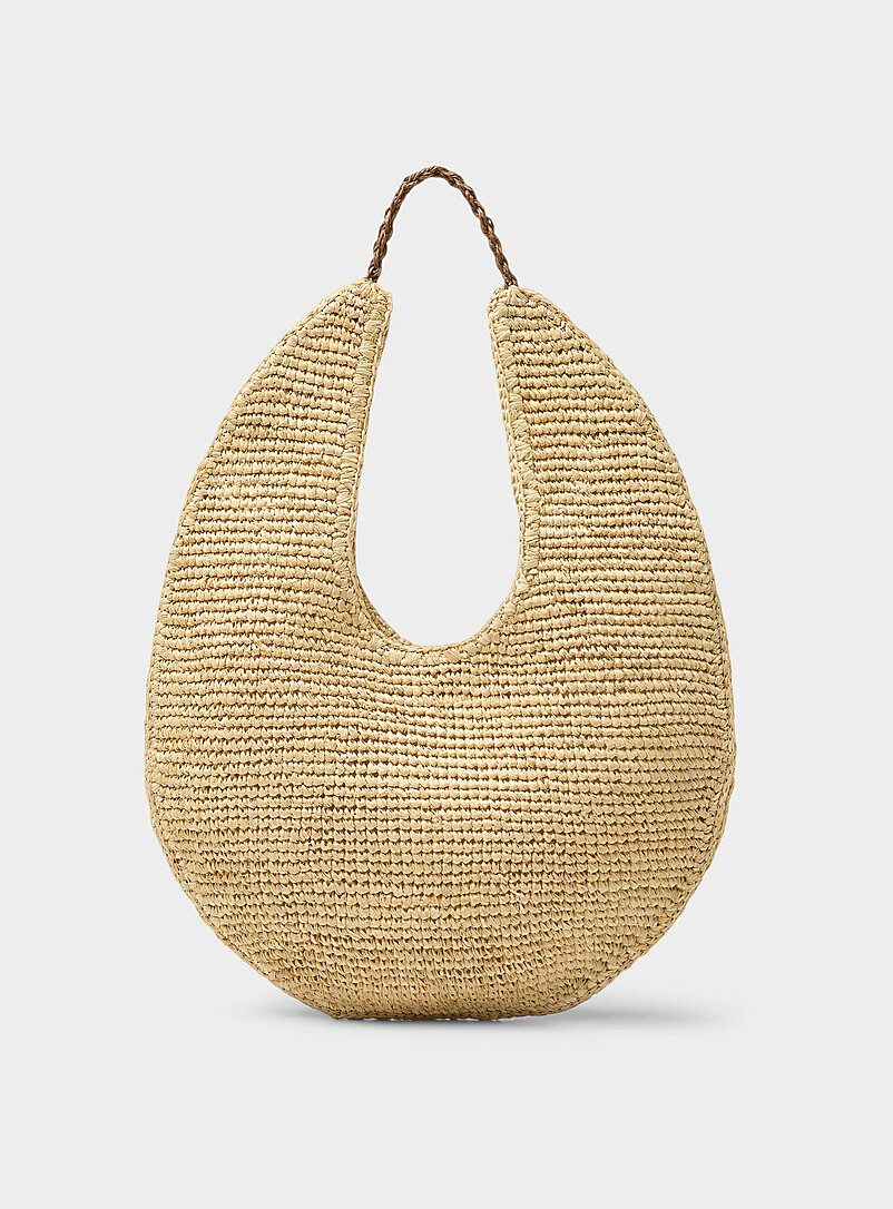 Contrast-Handle Braided Raffia Hobo Bag