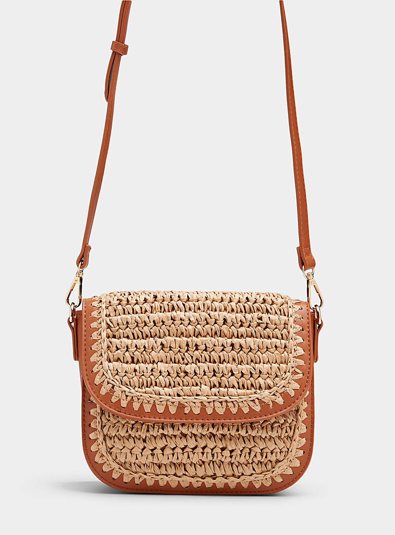 Simons Patterned Brown Small braided straw flap bag for women