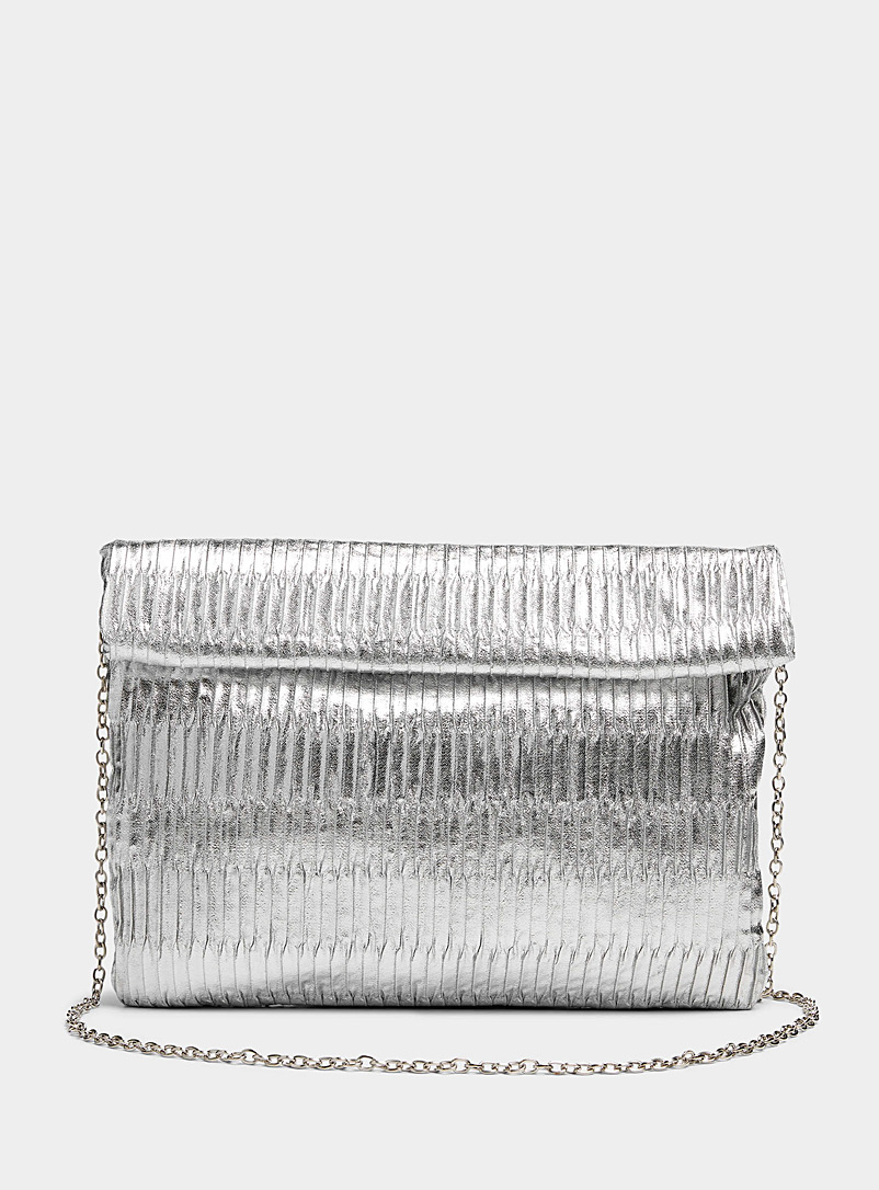 Simons Silver Shiny pleated clutch for women